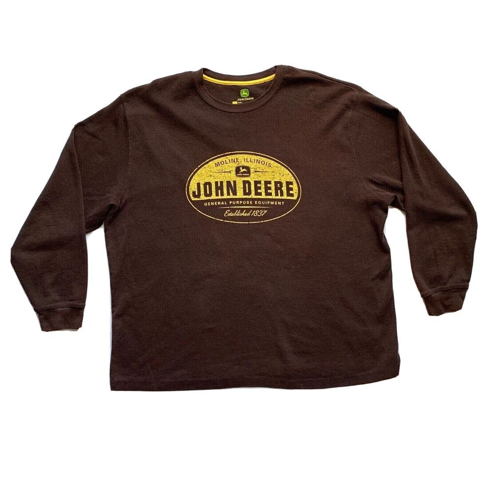 John Deere‎ Waffle Knit Thermal Sweater Men 2XL Long Sleeve Tractor Farmer Brown